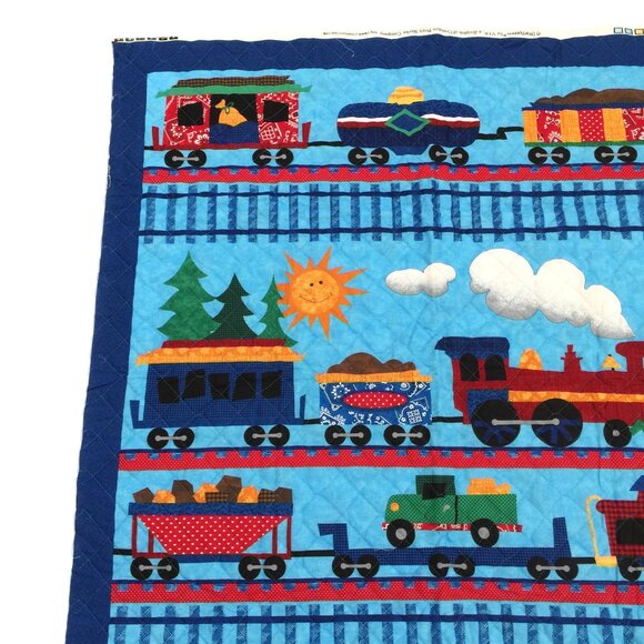 Vintage Dream Spinners VIP Cranston Fabric Panel Quilted Trains Blue 34x43 In - Picture 2 of 10